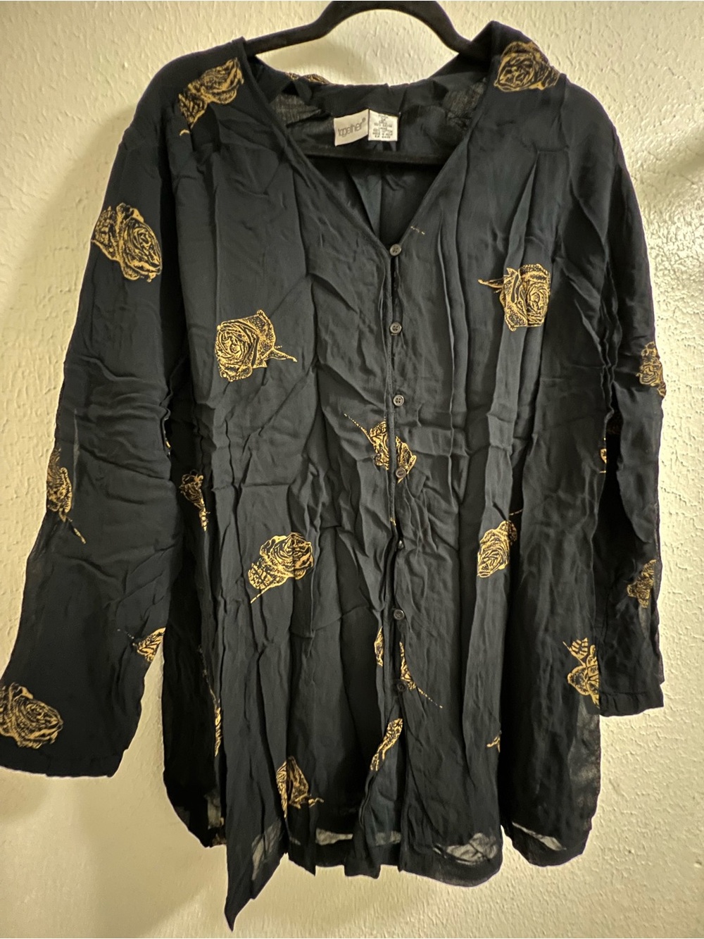 Together Black Long-Sleeve Button Front Shirt with Gold Rose Print